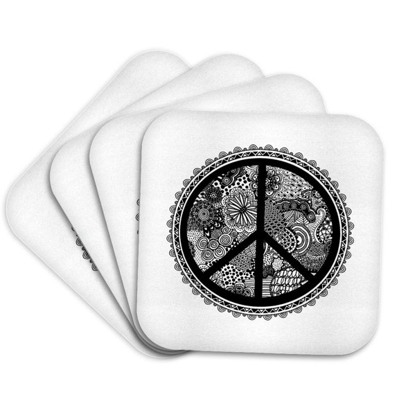 3drose, Peace Symbol in Zen Doodle Pattern White Background, Set of 4 Coasters - Cork