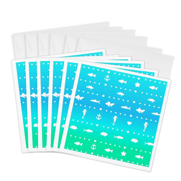 3drose, Peaceful Turquoise Teal Blue Gradient Fish Starfish Seahorses and Anchor Nautical Sea Ocean Pattern, 6 Greeting Cards with Envelopes