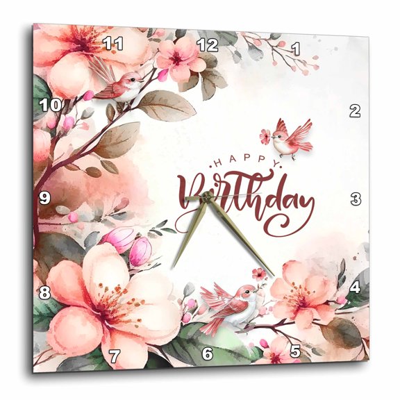 3drose, Peach Blossoms with Sparrow Birds and a Happy Birthday Message, 15x15 Wall Clock