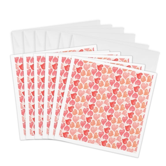 3drose, Peach, Pink, and Orange Curly Cue Hearts Pattern, 6 Greeting Cards with Envelopes