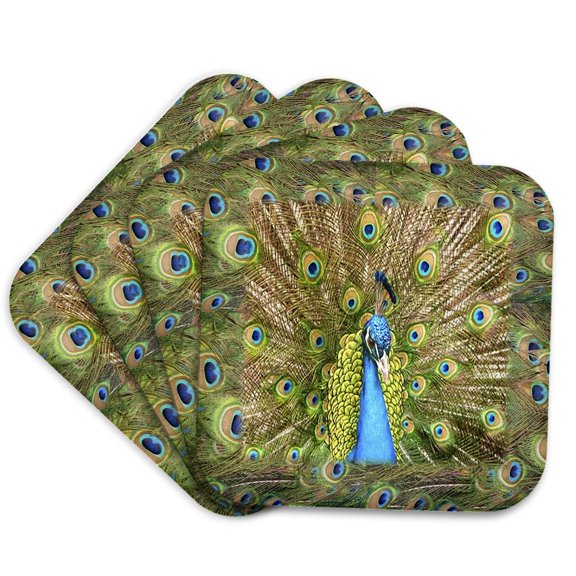 3drose, Peacock Head N Peacock Feathers, Set of 4 Coasters - Soft