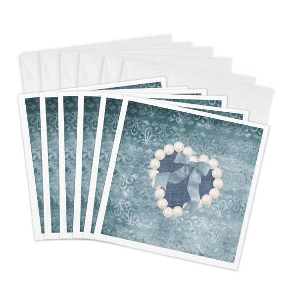 3drose, Pearls in Heart Shape with Bow, Damask, Blue, 6 Greeting Cards with Envelopes