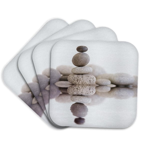 3drose, Pebble Stone Cairn Zen Style Reflecting in Water, Set of 4 Coasters - Soft