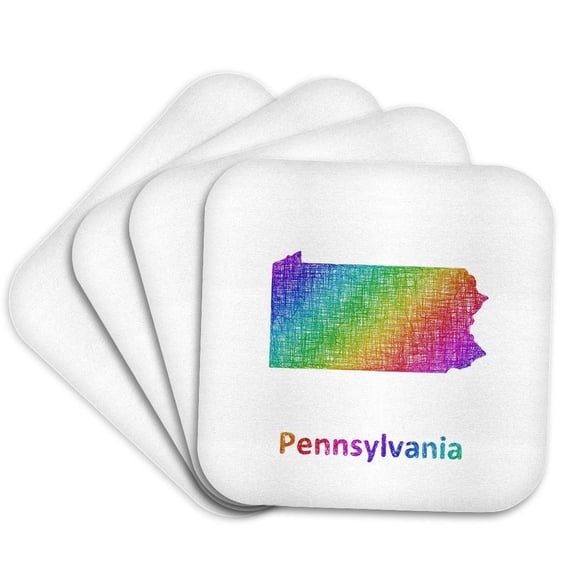 3drose, Pennsylvania State Map - Rainbow Sketch Design, Set of 4 Coasters - Soft