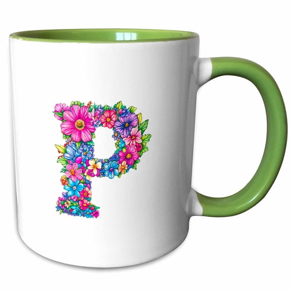 3drose, Perfect Letter P. Exquisite Colorful Spring Flowers Artsy Gift, 11oz Two-tone Green Mug