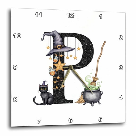3drose, Perfect Letter P. Halloween Monogram, Broom, Wizard Hat, Cat Art, 15x15 Wall Clock
