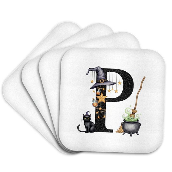 3drose, Perfect Letter P. Halloween Monogram, Broom, Wizard Hat, Cat Art, Set of 4 Coasters - Soft