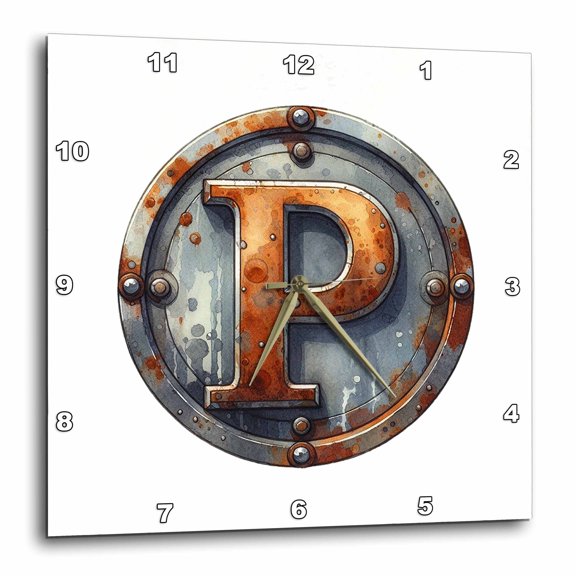 3drose, Perfect Letter P. Round Rusty Metal Plate Classy, Chic Artsy Gift, 15x15 Wall Clock