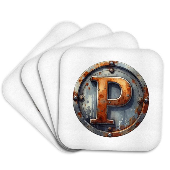 3drose, Perfect Letter P. Round Rusty Metal Plate Classy, Chic Artsy Gift, Set of 4 Coasters - Soft