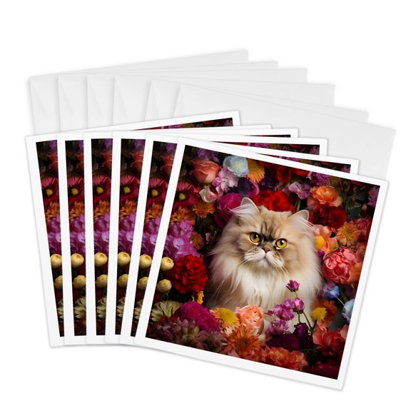 3drose, Persian Cat with Floral Background, 6 Greeting Cards with Envelopes