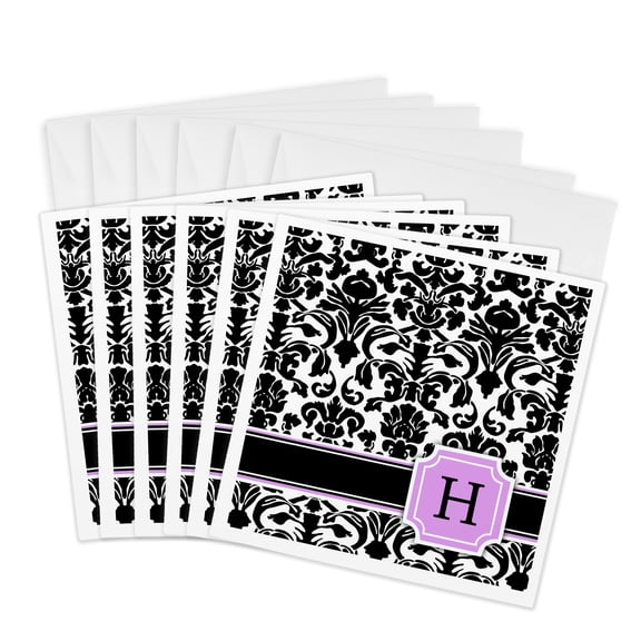 3drose, Personal Initial H Monogrammed Pink Black and White Damask Pattern Girly Stylish Personalized Letter, 6 Greeting Cards with Envelopes