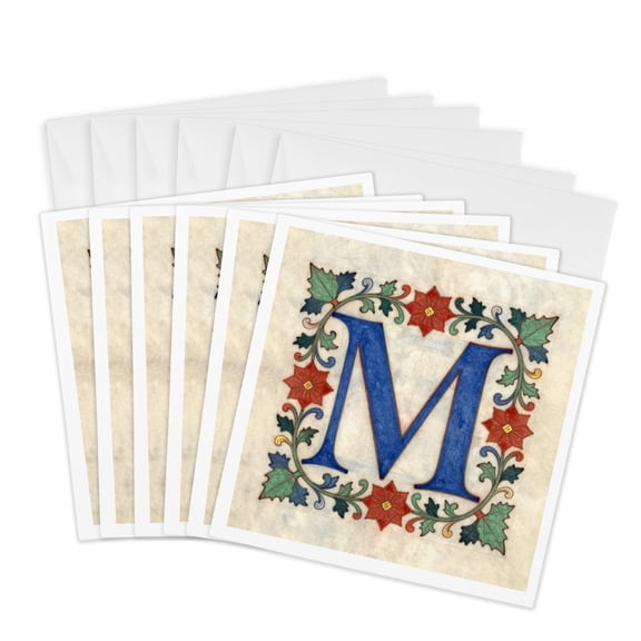 3drose, Personalized Illuminated Letter M, 6 Greeting Cards with Envelopes
