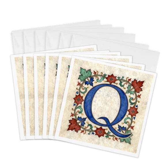 3drose, Personalized Illuminated Letter Q, 6 Greeting Cards with Envelopes