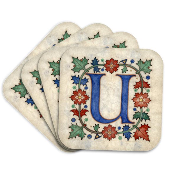 3drose, Personalized Illuminated Letter U, Set of 4 Coasters - Cork