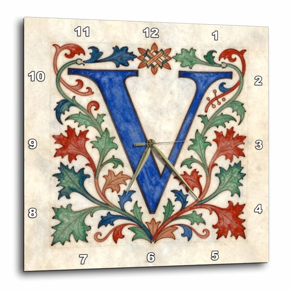 3drose, Personalized Illuminated Letter V, 10x10 Wall Clock
