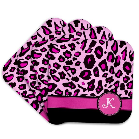 3drose, Personalized Initial K Monogrammed Hot Pink and Black Leopard Pattern Animal Print - Personal Letter, Set of 4 Coasters - Cork