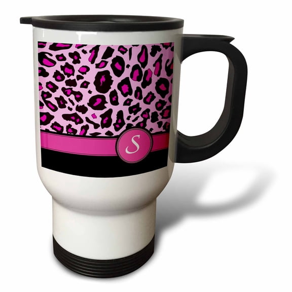 3drose, Personalized Initial S Monogrammed Hot Pink and Black Leopard Pattern Animal Print - Personal Letter, 14oz Stainless Steel Travel Mug