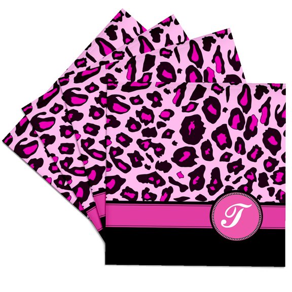 3drose, Personalized Initial T Monogrammed Hot Pink and Black Leopard Pattern Animal Print - Personal Letter, Set of 4 Ceramic Tile Coasters
