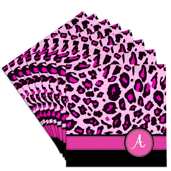 3drose, Personalized Initial a Monogrammed Hot Pink and Black Leopard Pattern Animal Print - Personal Letter, Set of 8 Ceramic Tile Coasters