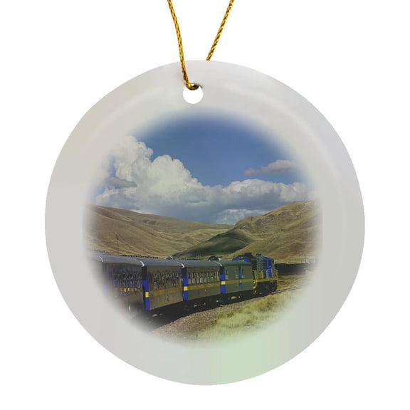 3drose, Peru, Cusco. Peru Rails First Class Train - Sa17 Kwi0149 - Kymri Wilt, Circle Porcelain Ornament