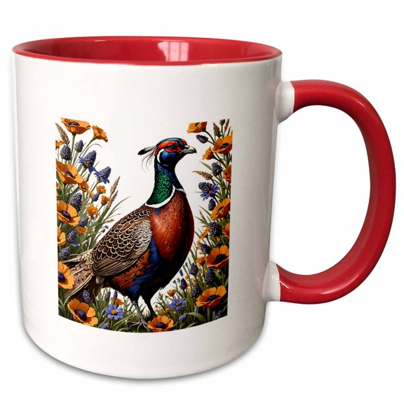 3drose, Pheasant Bird Amongst Meadow Wildflowers, 15oz Two-tone Red Mug