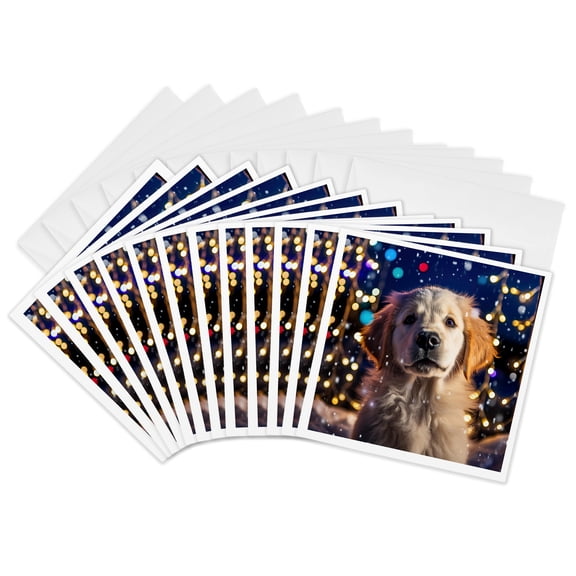 3drose, Photo of a Golden Retriever Puppy in Front of Christmas Light Display., 12 Greeting Cards with Envelopes