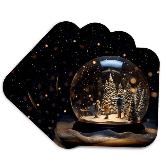 3drose, Photo of a Snow Globe with a Family Choosing at Snowy Christmas Trees., Set of 4 Coasters - Cork