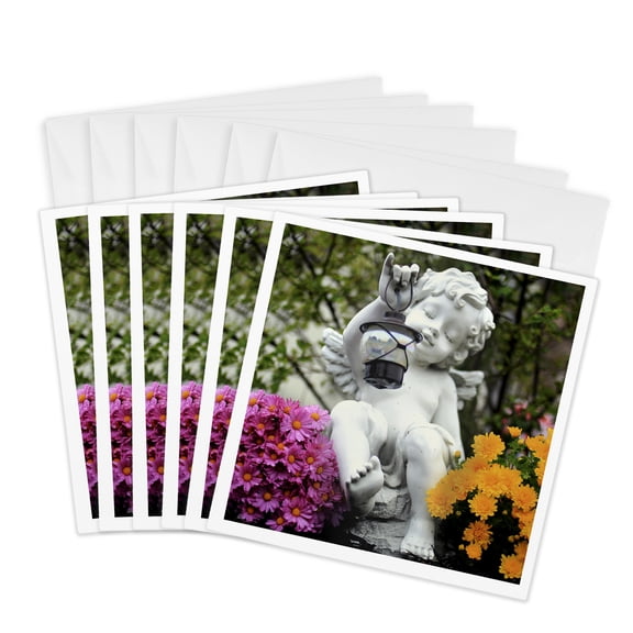 3drose, Photograph of Angel Garden Statue with Pink and Yellow Chrysanthemums., 6 Greeting Cards with Envelopes