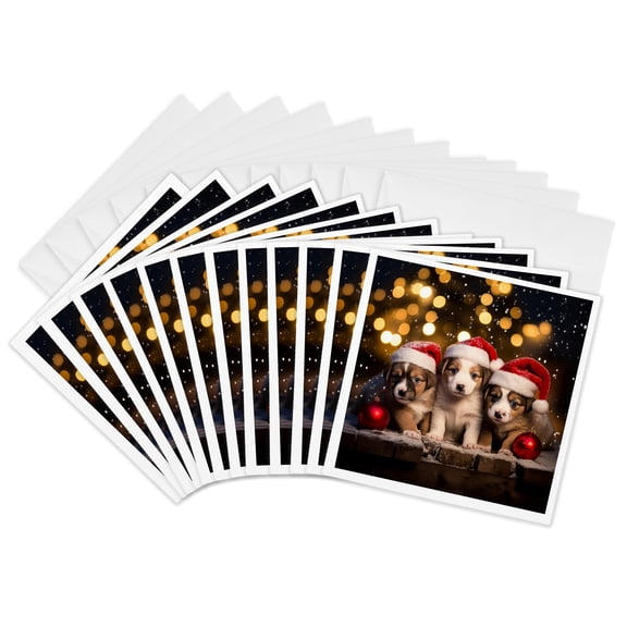 3drose, Photograph of Three Cute Puppies Wearing Christmas Hats in the Snow., 12 Greeting Cards with Envelopes