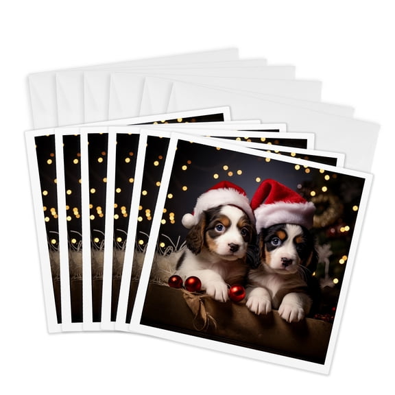 3drose, Photograph of Two Adorable Christmas Puppies Wearing Santa Hats., 6 Greeting Cards with Envelopes