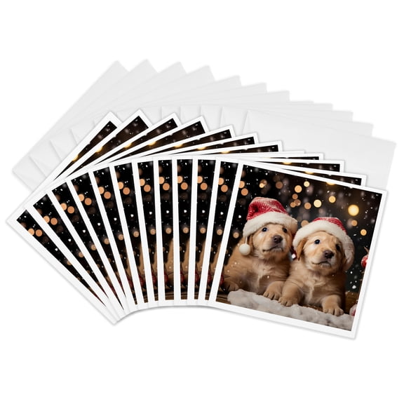 3drose, Photograph of Two Golden Retriever Puppies Wearing Santa Hats., 12 Greeting Cards with Envelopes
