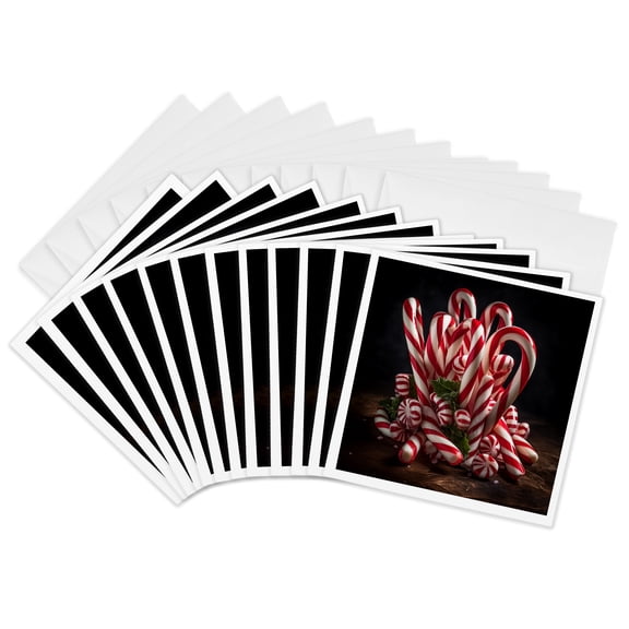 3drose, Photograph of a Cluster of Candy Canes, Peppermint Sticks, and Mints., 12 Greeting Cards with Envelopes