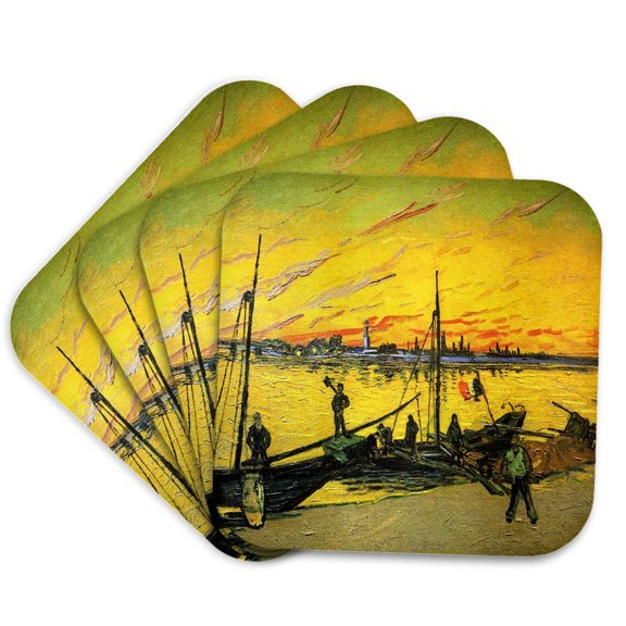3drose, Picture of 1888 Van Gogh Painting Coal Barges, Set of 4 Coasters - Cork