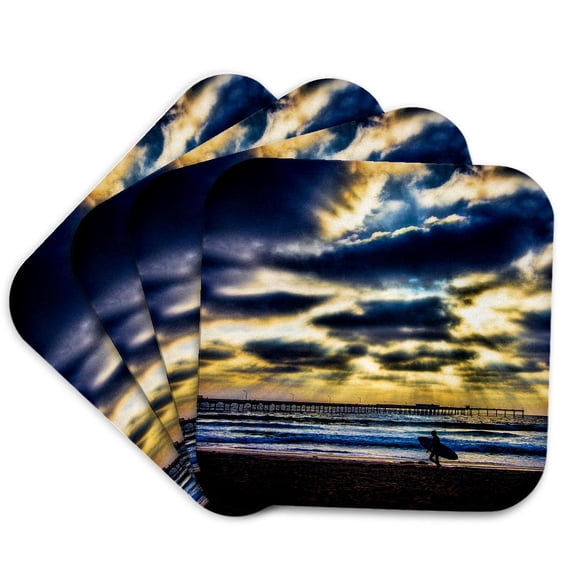 3drose, Pier Sunset Beach Sand Sea Surfer, Set of 4 Coasters - Soft