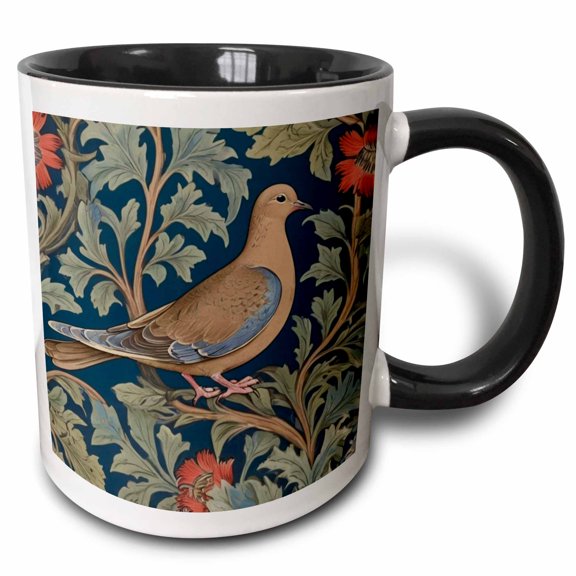 3drose, Pigeon Dove Bird William Morris Style Botanical Red Green Woodland, 15oz Two-tone Black Mug