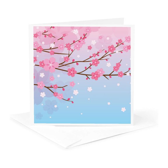 3drose, Pink Asia Cherry Blossom Spring Sakura Flower Blossom, 1 Greeting Card with Envelope