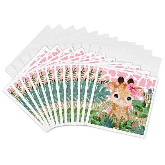 3drose, Pink Baby Giraffe with a Bow in Her Hair for Girls Jungle Theme, 12 Greeting Cards with Envelopes