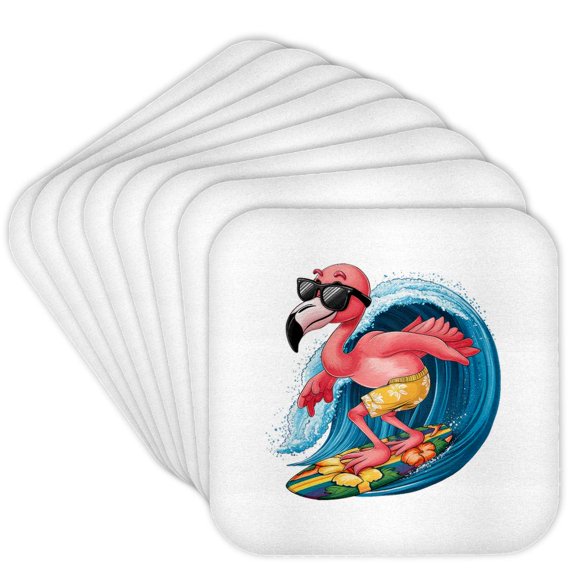 3drose, Pink Flamingo Bird Surfer. Funny, Positive Summer Gift for Anyone, Set of 8 Coasters - Soft