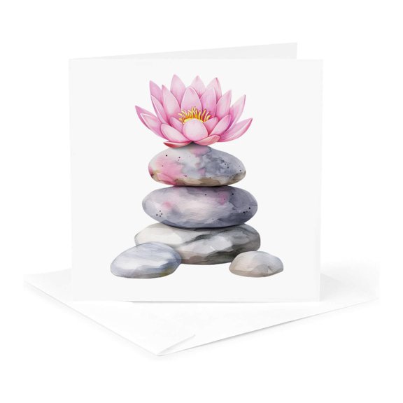 3drose, Pink Lotus Flower Zen Stone Stack Illustration, 1 Greeting Card with Envelope