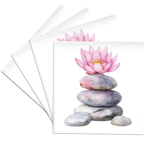 3drose, Pink Lotus Flower Zen Stone Stack Illustration, Set of 4 Ceramic Tile Coasters