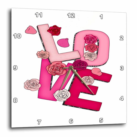 3drose, Pink Love Word Sprinkled with Roses, 10x10 Wall Clock
