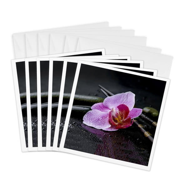 3drose, Pink Orchid Flower Zen Style on Wet Black Surface, 6 Greeting Cards with Envelopes