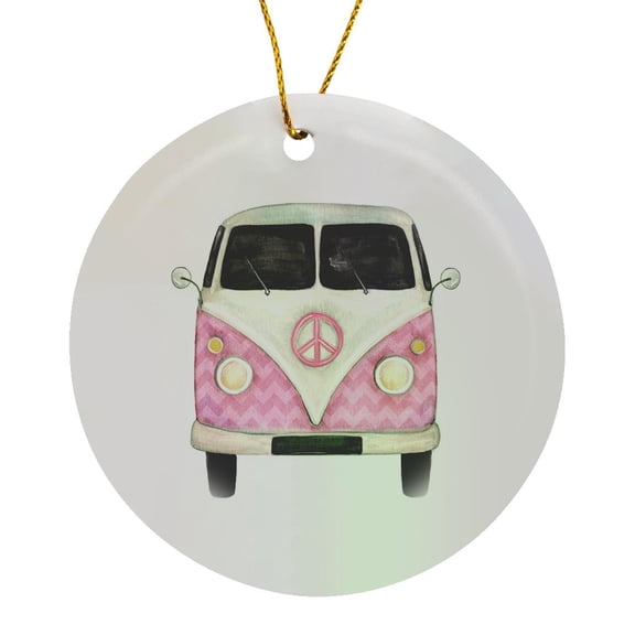 3drose, Pink Peace Sign 1960s Era Van, Circle Porcelain Ornament