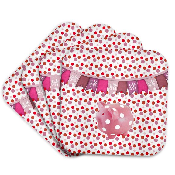 3drose, Pink Pig with White Dots, Flags of Sign of the Pig, Dotted Background, Set of 4 Coasters - Cork