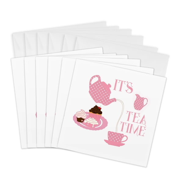 3drose, Pink Polka Dot Tea Set, Cakes. It Is Tea Time Positive Text, 6 Greeting Cards with Envelopes