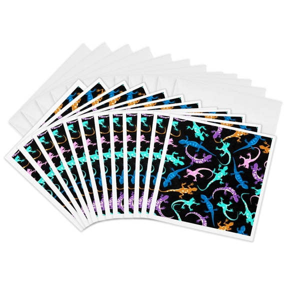 3drose, Pink Purple Blue N Aqua Geickos N Lizards on Black, 12 Greeting Cards with Envelopes