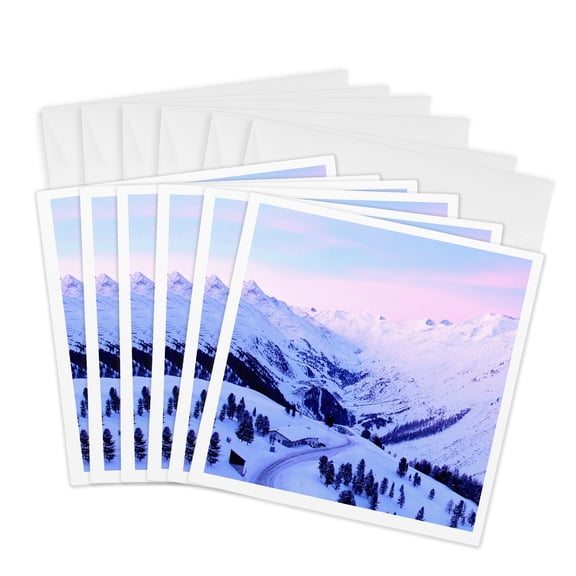 3drose, Pink Sunrise over Blue Snowy Mountains - Alps Mountain Snow Sunset - Austria Landscape Photography, 6 Greeting Cards with Envelopes