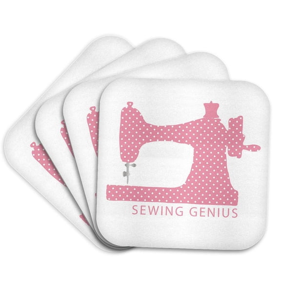 3drose, Pink, White Polka Dot Sewing Machine. Sewing Genius Text. Best Ever, Set of 4 Coasters - Soft