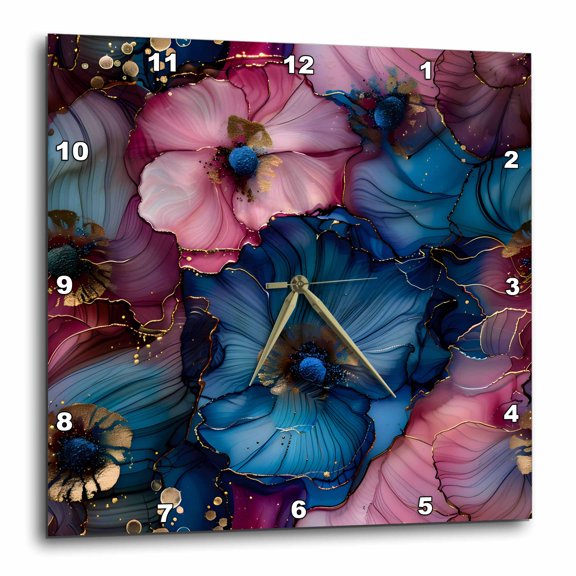 3drose, Pink and Blue Alcohol Ink Modern Flower Pattern, 15x15 Wall Clock