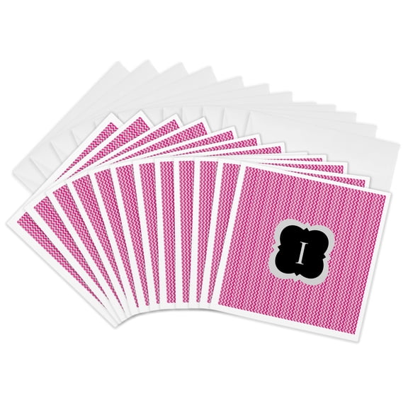 3drose, Pink and Grey Chevron Monogram Initial I, 12 Greeting Cards with Envelopes